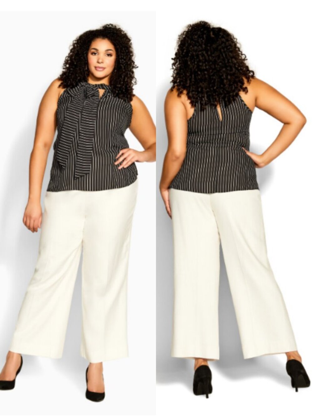 NWT City Chic Black White Stripe Sleeveless Neck Tie Blouse L 20